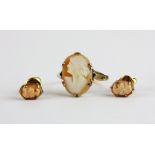 A pair of 9ct gold cameo set earrings and a 9ct gold cameo set ring.