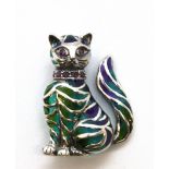 A 925 silver enamelled cat shaped brooch set with rubies, L. 3.5 x 2.5cm.