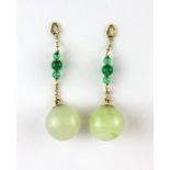 A pair of 14 yellow gold (stamped 585) earring drops set with carved jade, without ear hoops, L. 4.
