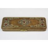 A French leather and enamel brass ornamented glove case with turquoise, pearls and red stones,