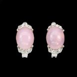 A pair of 925 silver cabochon cut pink opal set earrings. L. 1.2cm.