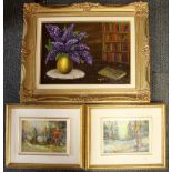 A pair of gilt framed oils on canvas of landscapes and a further gilt framed oil on canvas, frames