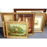 A gilt framed tapestry, a quantity of early photographs and prints.