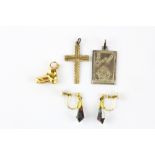 A pair of 9ct yellow gold screw back fitted earrings, 9ct gold cross pendant and two other jewellery