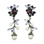 A pair of 925 silver flower shaped drop earrings set with pearls, rubies, sapphires and