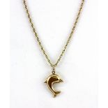 A 9ct yellow gold dolphin shaped pendant and chain, L. 56cm.