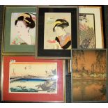 Five framed Japanese woodblock prints.