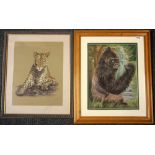 A framed crayon on paper of a gorilla and a crayon on paper drawing of a leopard signed D.Webb,