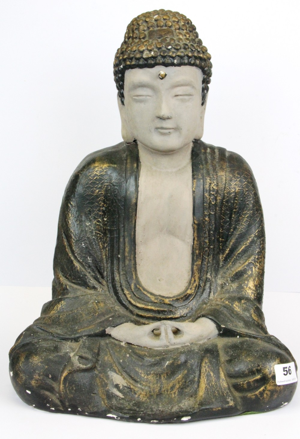 A mid 20thC painted pottery figure of the seated Buddha, H. 45cm.