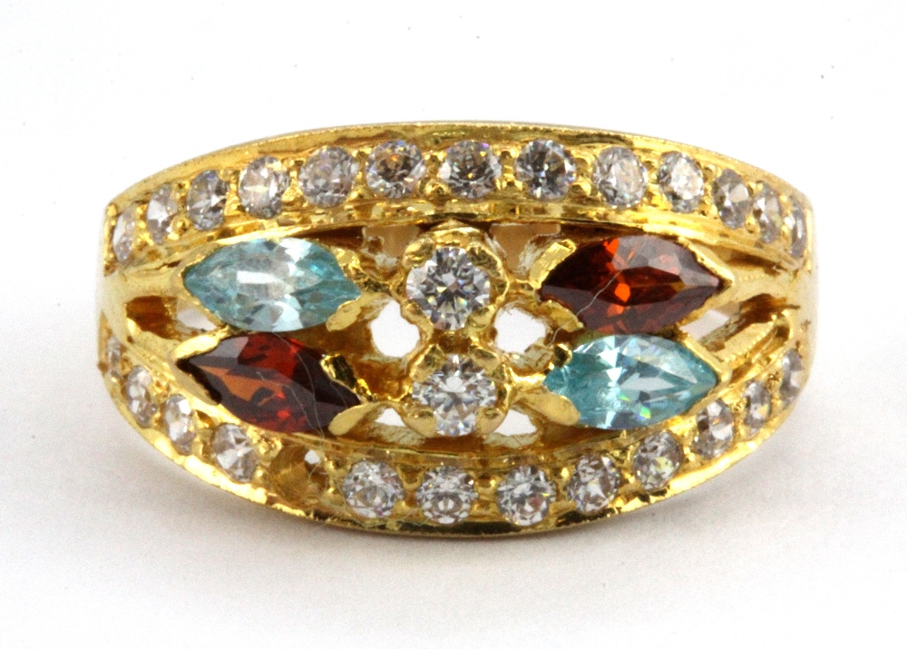A 22ct yellow gold (stamped 22ct) stone set ring, (M).