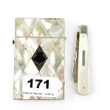 A hallmarked silver and mother of pearl pen knife together with a mother of pearl card case, card