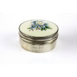 A boxed hallmarked silver, enamel and porcelain jewellery casket, Birmingham, Dia. 5.2cm H. 3.5cm.