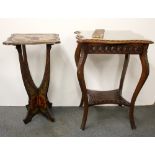 A hand painted carved pedestal table together with a further carved side table, H. 72 H. 75cm.