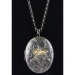 A hallmarked silver locket pendant on a white metal chain.