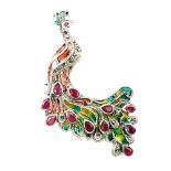 A 925 silver and marcasite enamelled peacock shaped brooch / pendant, set with pear cut rubies, 4.