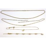 Four 9ct yellow gold chains, (A/F).