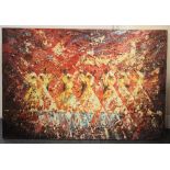 A mixed media oil on canvas abstract painting of dancers, size 90 x 60cm.