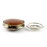 A hallmarked silver mounted leather compact together with a Sterling silver rimmed glass ring