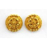 A pair of 22ct yellow gold (stamped 22) stud earrings, Dia. 1.3cm.