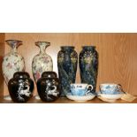 A pair of Doulton stoneware vases, ginger jars, pottery vases and two willow Victorian pattern
