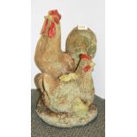 A painted concrete garden statue of a cockerel, a hen and two chicks, tallest H. 41cm.