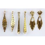 Three pairs of 9ct drop earrings.