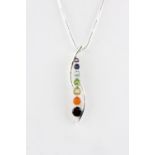 A 925 silver rainbow pendant and chain set with amethyst, tanzanite, blue topaz, peridot, citrine,