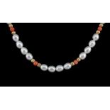 A 9ct yellow gold, pearl and coral bead necklace, L. 45cm.