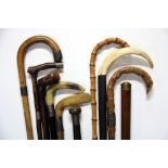 A group of mixed walking sticks including silver mounted and a horn stick in the shape of a golf