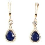 A pair of 925 silver rose gold gilt drop earrings set with pear cut sapphires and cubic zirconia, L.