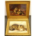 A Victorian oilograph print of a cat with kittens and a gilt framed and glazed oil on canvas