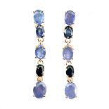 A pair of 925 silver rose gold gilt drop earrings set with oval cut tanzanites and sapphires, L.