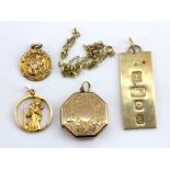 Three 9ct yellow gold pendants, a 9ct gold chain and a rolled gold locket.