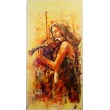 An oil on canvas of a violinist signed S.E, 90 x 45cm.