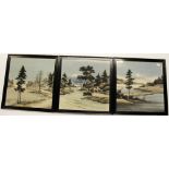 A set of three early 20th Century Japanese framed woven pictures depicting landscapes, framed size