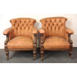 A pair of 19th Century button backed upholstered, H. 74cm (missing two casters).