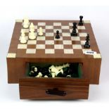 Chess box with dominoes, draughts and chess pieces, 31 x 31cm.