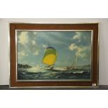 A framed oil on board depicting a sailing scene signed L. John Morris, framed size 94 x 69cm.