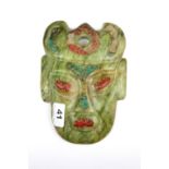 A Chinese mosaic decorated green soapstone face mask, (repaired), size 15 x 20cm.