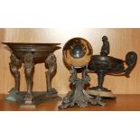 A crystal glass ball and Victorian spelter stand, a further bronze stand and a bronze centrepiece (