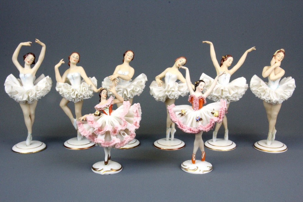 Eight Alka West Germany dancer figurines, tallest H. 14cm.