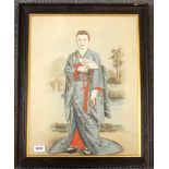 A 1920's framed Japanese print on silk portrait of a western girl in traditional Japanese clothes,