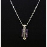 A 9ct white gold amethyst and diamond set pendant and chain, L. 1.5cm.