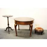 A tripod legged mahogany wine table, a side table and a Georgian footstool with purchase receipt,
