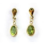 A pair of 9ct yellow gold (stamped 9ct) peridot set drop earrings, L. 1.8cm.