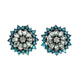 A pair of 925 silver large cluster earrings set with marquise cut aquamarine and apatites, dia.