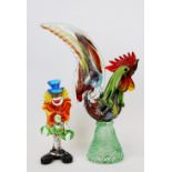 A Murano glass clown and cockerel, H. 21cm & H. 35cm.