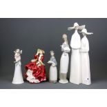 Three Lladro porcelain figures, a Lladro fairy bell and a further Royal Doulton lady figurine