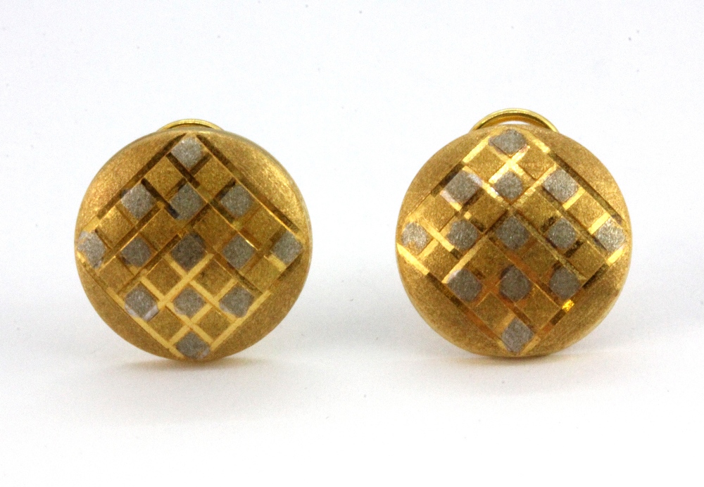 A pair of 22ct yellow and white gold (stamped 916) clip earrings, Dia. 1.6cm.