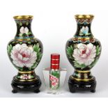 Three boxed Chinese items : A pair of cloisonne enamelled vases and inside painted perfume bottle.